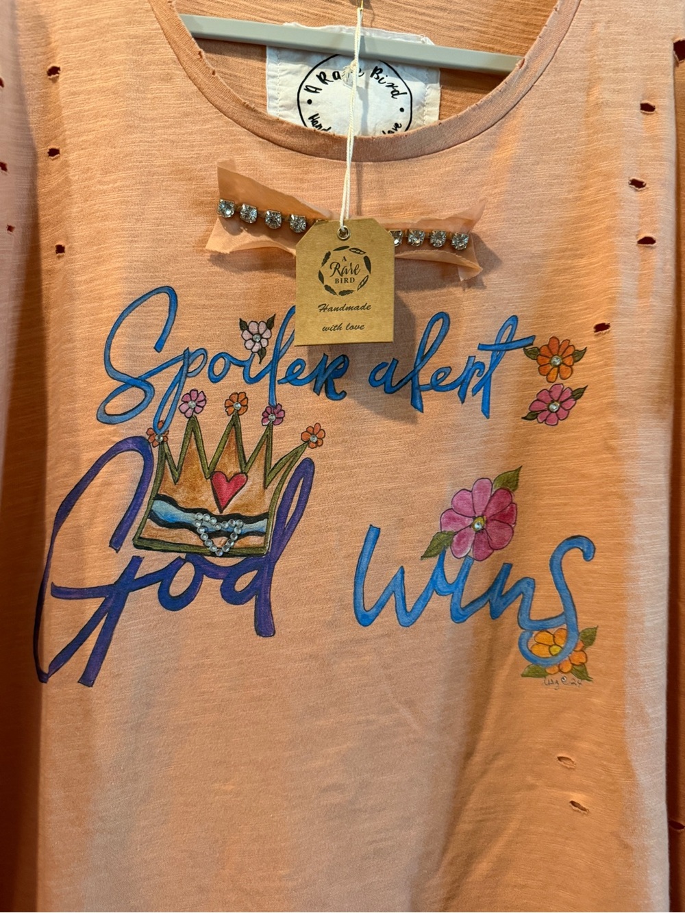A Rare Bird God Wins Graphic distressed Tee with rhinestones - Picture 2 of 5